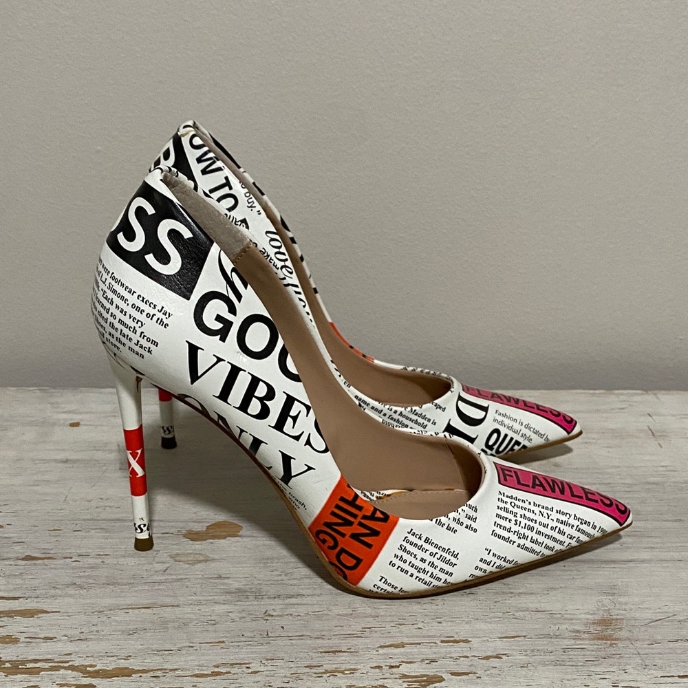 Steve Madden Newspaper Print Heels - White, Pink, and Red - Picture 2 of 4